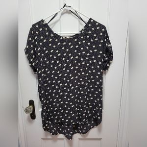 Shirt, black with white and peach design,  size small